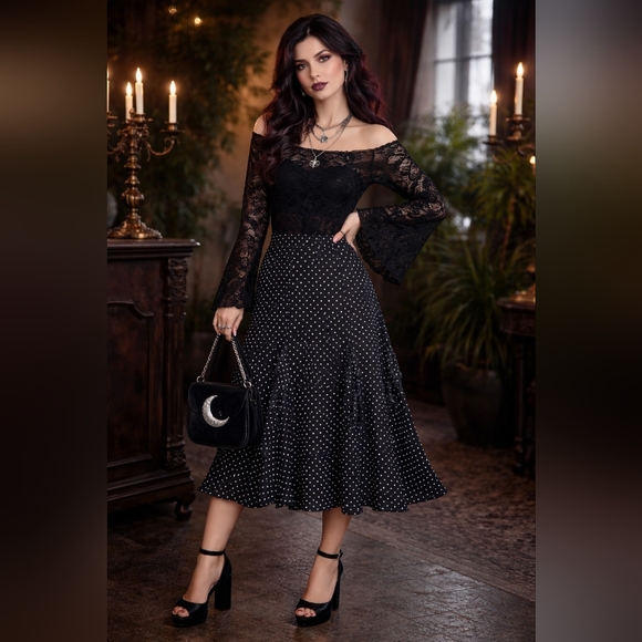 Lauren Ralph Lauren Dresses & Skirts - Lauren Ralph Lauren Silk Polka Dot Ruffled Midi Skirt Black White Size 14 / XL